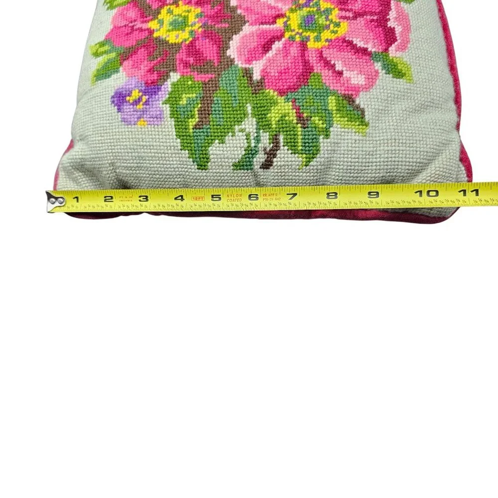 Vintage Floral Needlepoint Throw Pillow With Velvet Backing 11